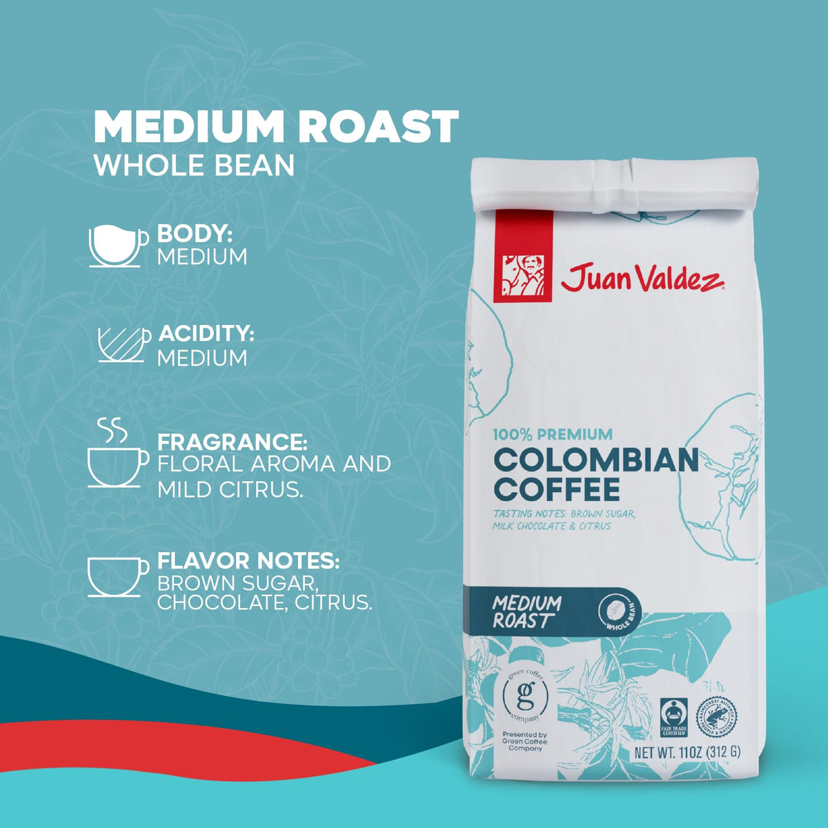 Juan Valdez whole bean coffee ready for a fresh grind at home.