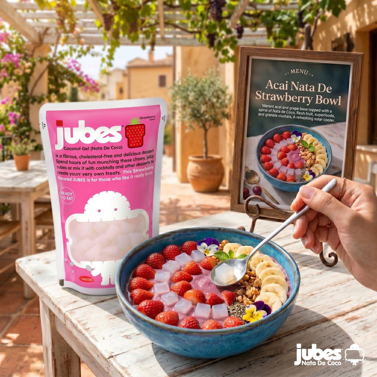 Jubes coconut gel cubes ideal for smoothies with strawberry notes.