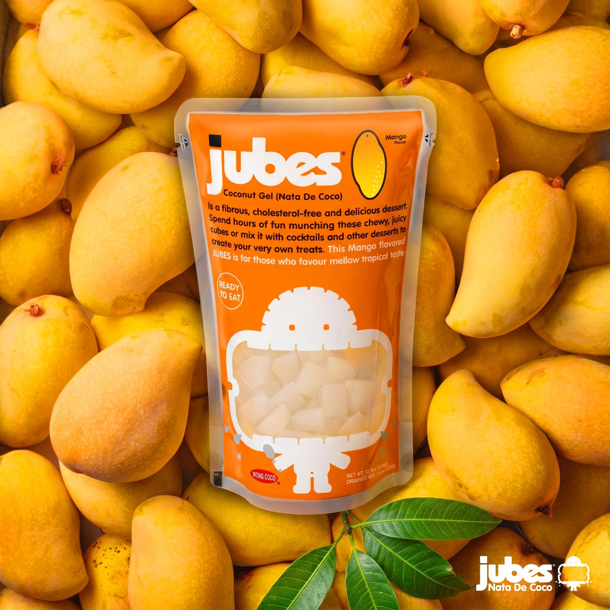 Jubes Mango Nata De Coco Jelly Cubes closeup reveals chewy texture ideal for snacks.