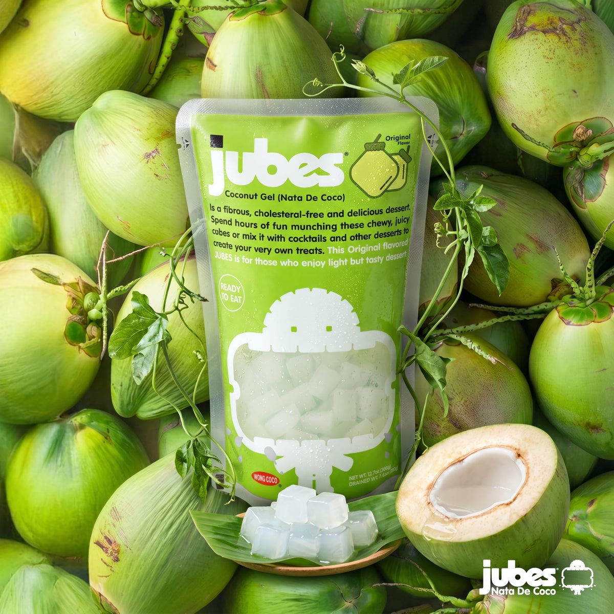 Jubes Pandan Nata De Coco Jelly Cubes shown with milk tea for a tropical twist.