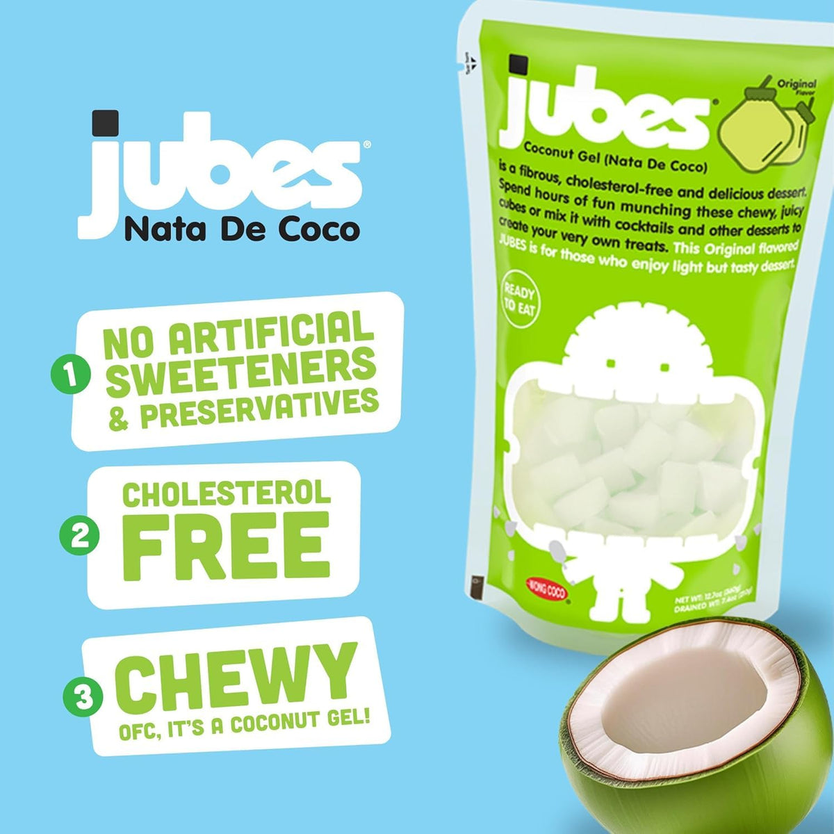 Jubes Pandan Nata De Coco Jelly Cubes beside shaved ice for texture and color.