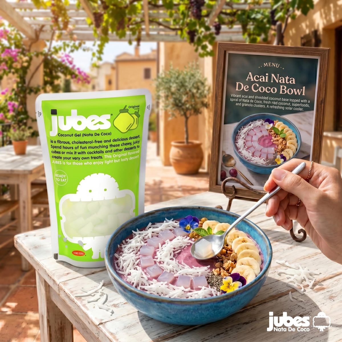 Jubes Pandan Nata De Coco Jelly Cubes in a smoothie bowl as chewy accents.