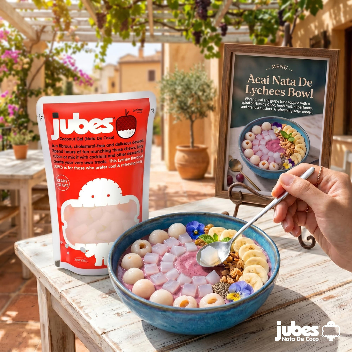 Jubes Strawberry flavor jelly cubes brighten yogurt and shaved ice