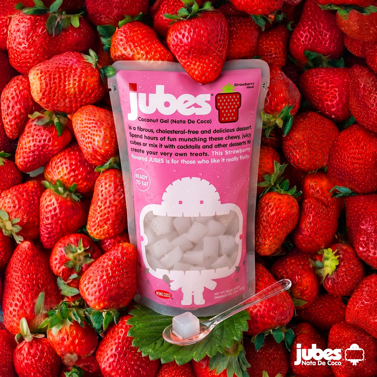 Jubes Strawberry nata de coco jelly cubes in syrup enhance drinks.