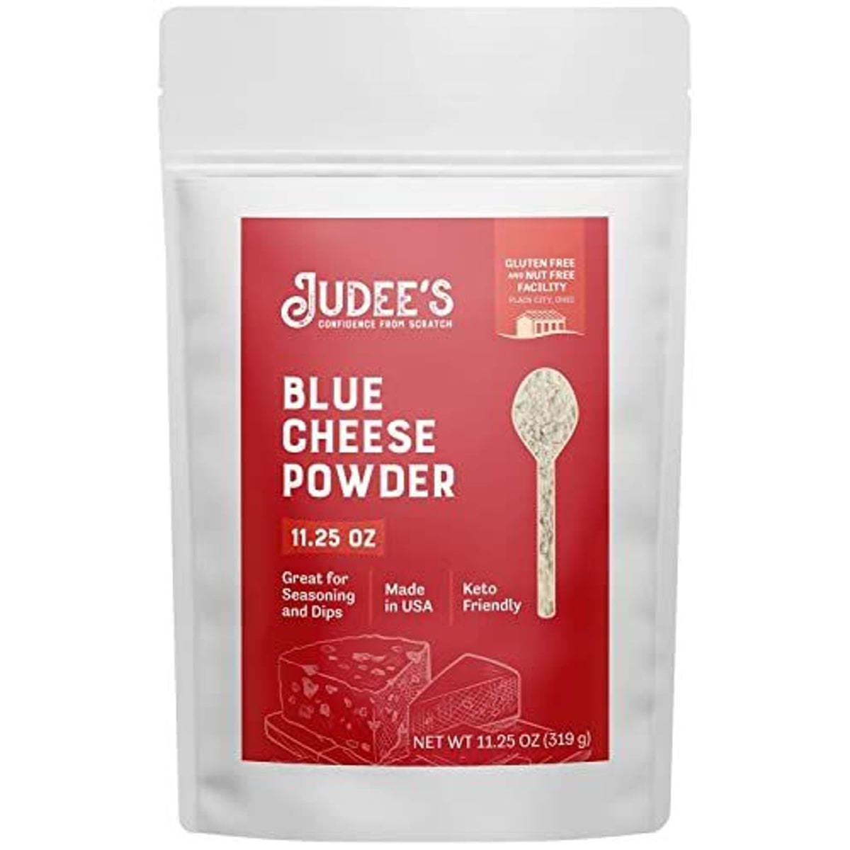 Judee's Blue Cheese Powder in a resealable pouch for gluten-free flavoring.