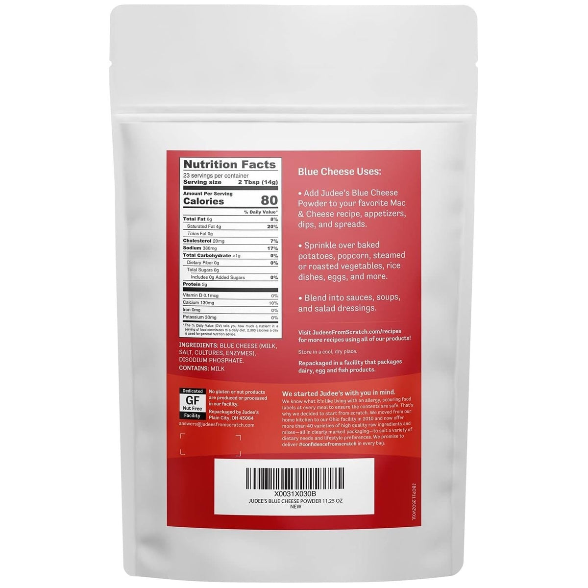 Texture close-up shows fine blue cheese powder ideal for seasoning.