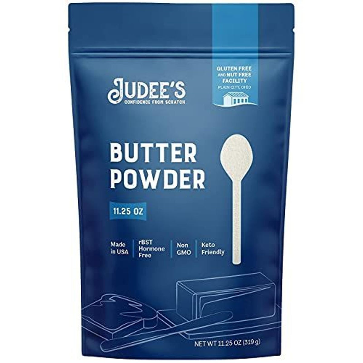 Judee's Butter Powder in a resealable pouch for easy storage and quick cooking.