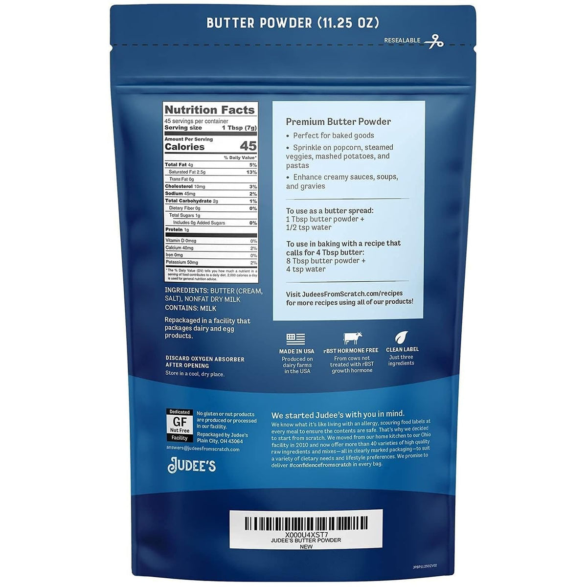 Judee's Butter Powder as a butter substitute for baking and cooking versatility.