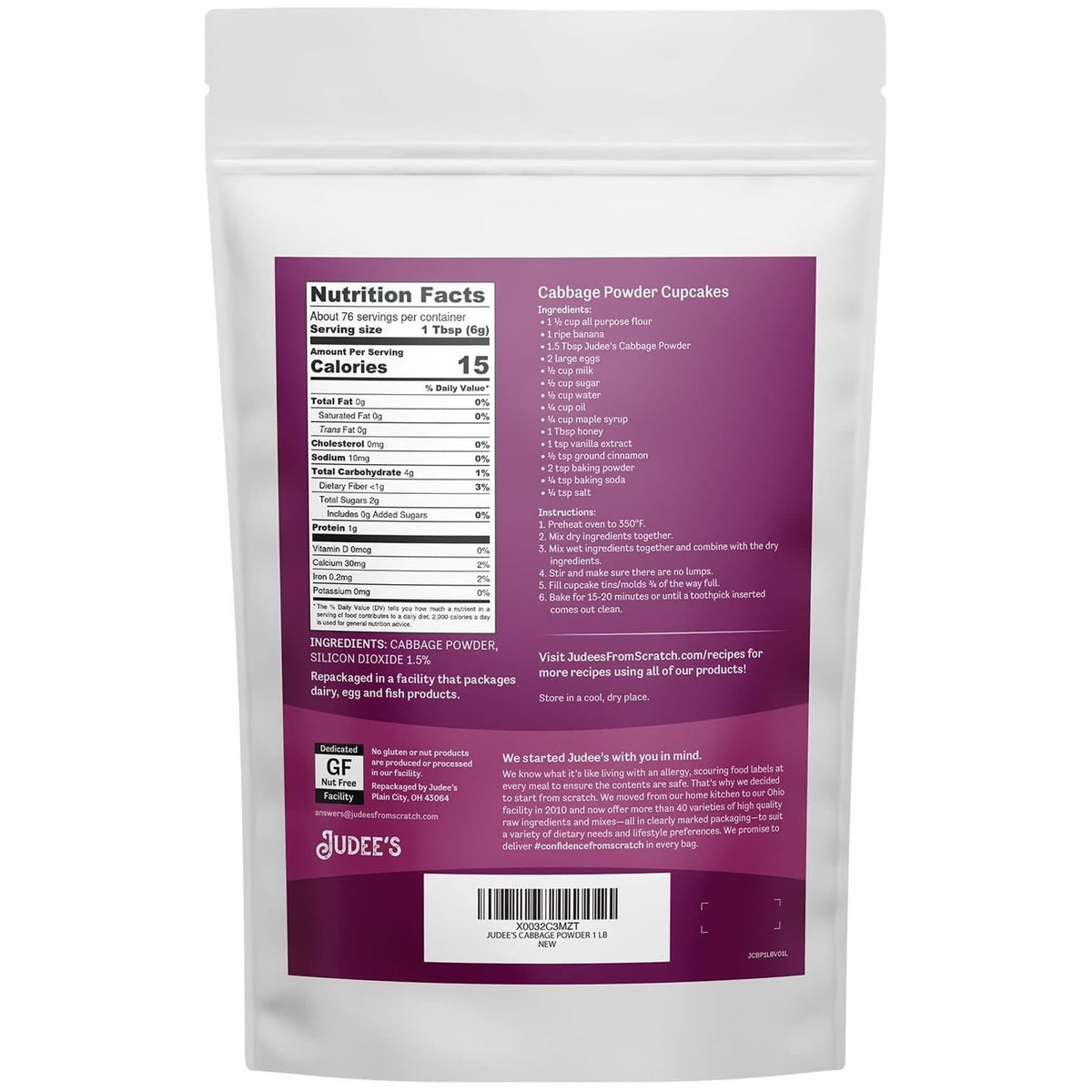 Judee's Cabbage Powder in a resealable pouch supports easy, mess-free baking and blending.