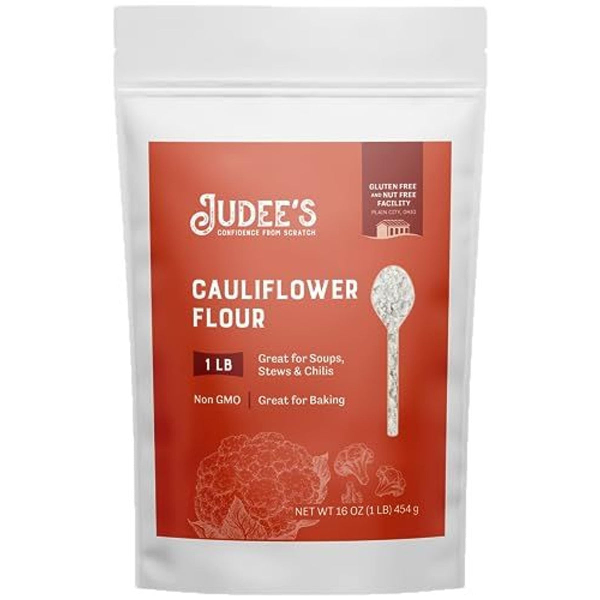 Judee's Cauliflower Flour 1lb pack, ideal for gluten-free cooking.