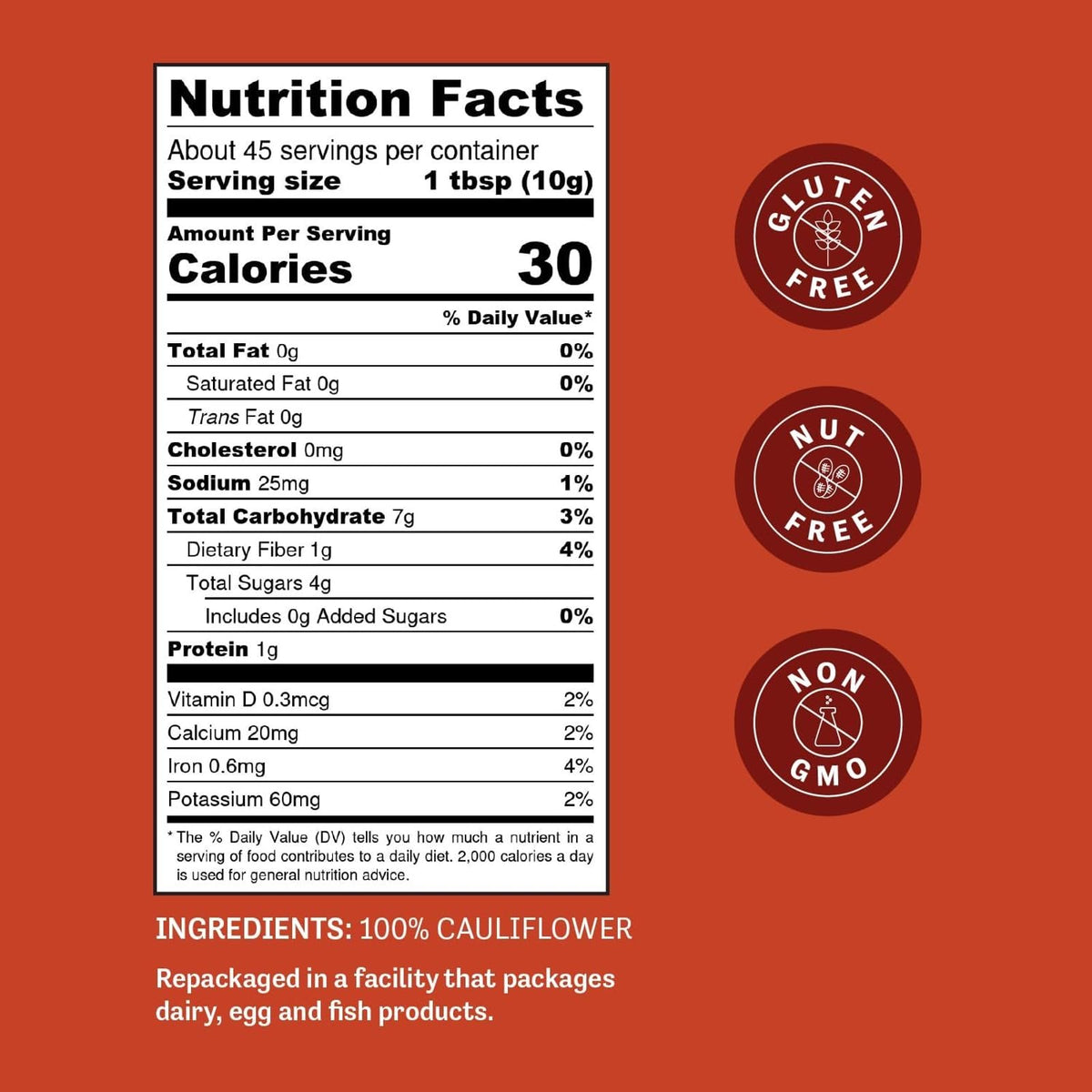 Judee's Cauliflower Flour bag opened, resealable pouch preserves freshness.