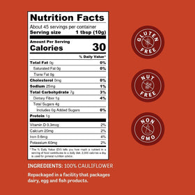 Judee's Cauliflower Flour bag opened, resealable pouch preserves freshness.