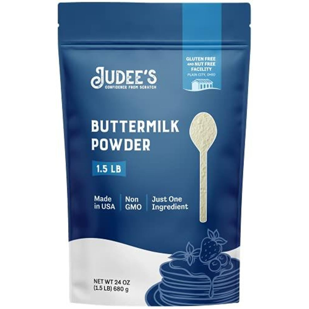 Judee's gluten-free buttermilk powder bottle boosts baking flavor.