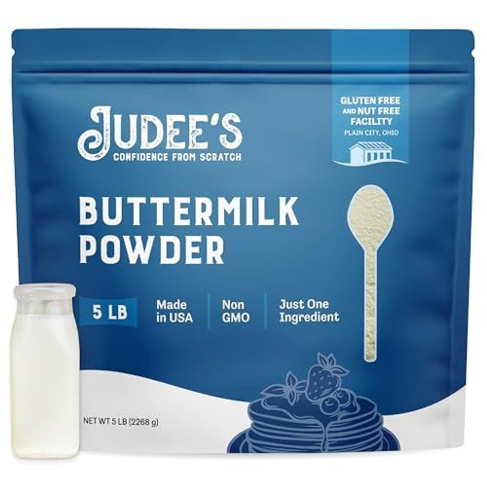 Judee's gluten free buttermilk powder bulk bag shown for pantry storage and long shelf life.