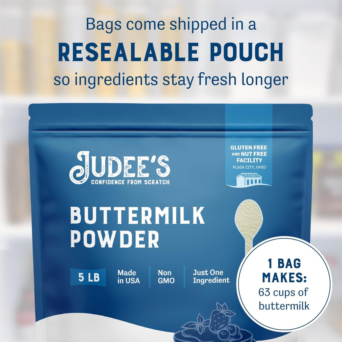 Judee's gluten free buttermilk powder resealable pouch keeps freshness and ease of use.