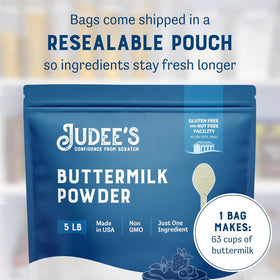 Judee's gluten free buttermilk powder resealable pouch keeps freshness and ease of use.