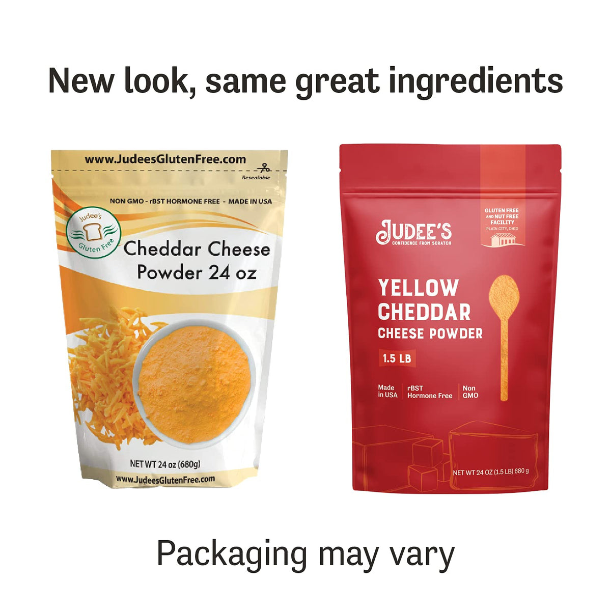 Judee's cheddar powder sprinkled on macaroni for a cheesy boost