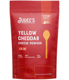 Judee's Gluten Free cheddar cheese powder packaging seal close-up, highlighting freshness