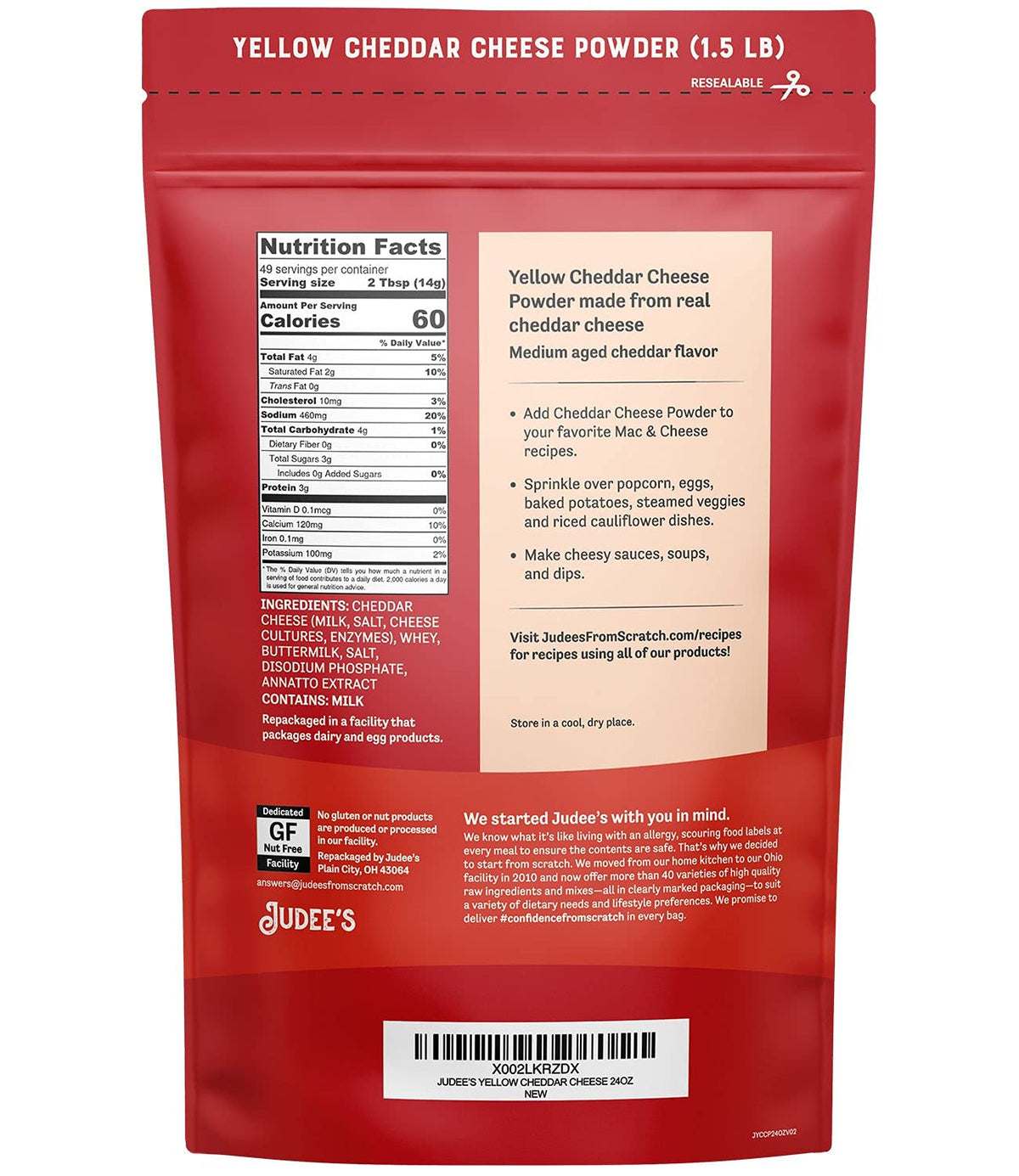 Judee's cheddar cheese powder pouch close-up, perfect for quick sauces and dips