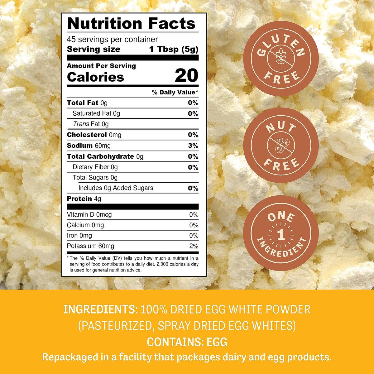 Judee's Gluten Free Dried Egg White Protein Powder scoop highlights easy measurement for precise recipes.