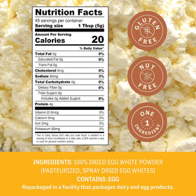 Judee's Gluten Free Dried Egg White Protein Powder scoop highlights easy measurement for precise recipes.
