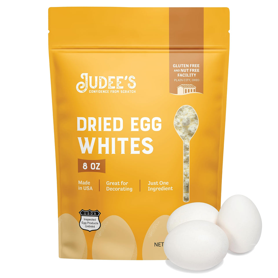Judee's Gluten Free Dried Egg White Protein Powder canister shows pasteurized eggs for versatile baking.