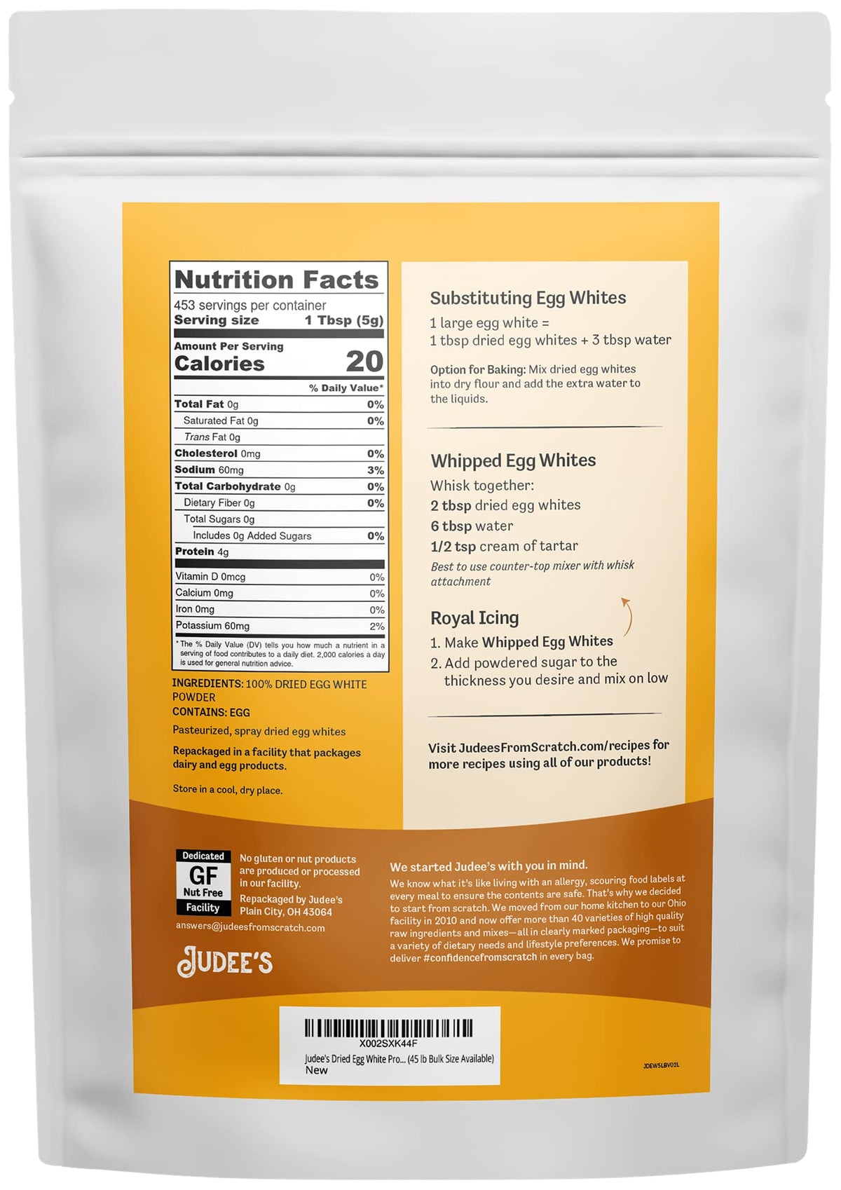 Judee's Gluten Free dried egg white powder in a resealable pouch for on-the-go shakes