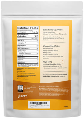 Judee's Gluten Free dried egg white powder in a resealable pouch for on-the-go shakes