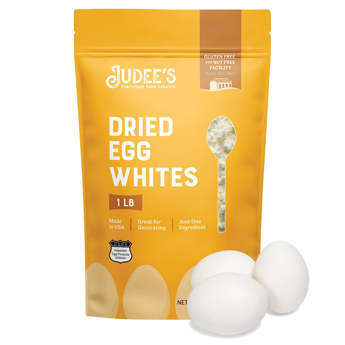 Judee's gluten free dried egg white protein powder packaging in a resealable 1 lb pouch
