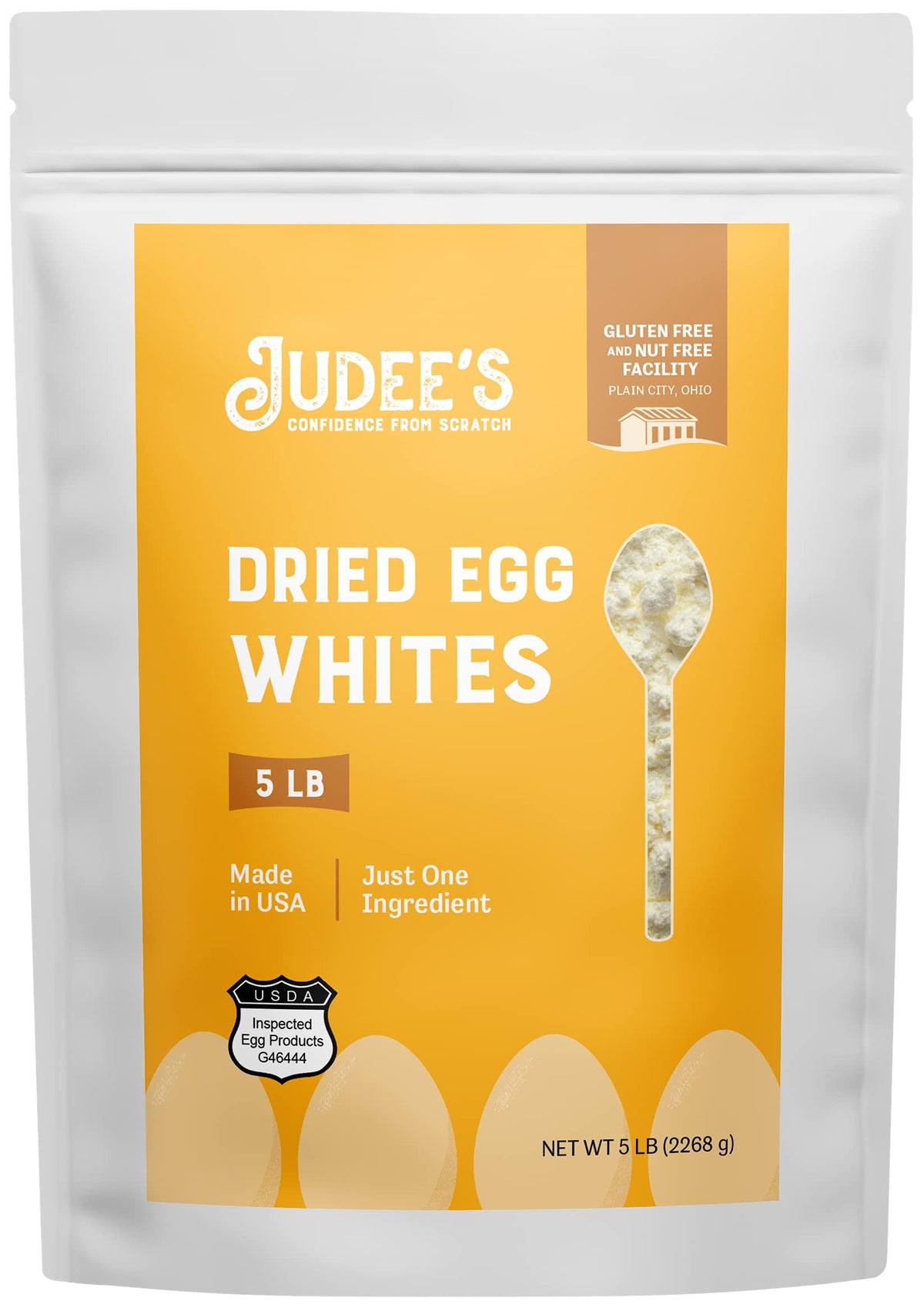 Judee's Gluten Free packaging shows pure egg white protein for quick meal boosts