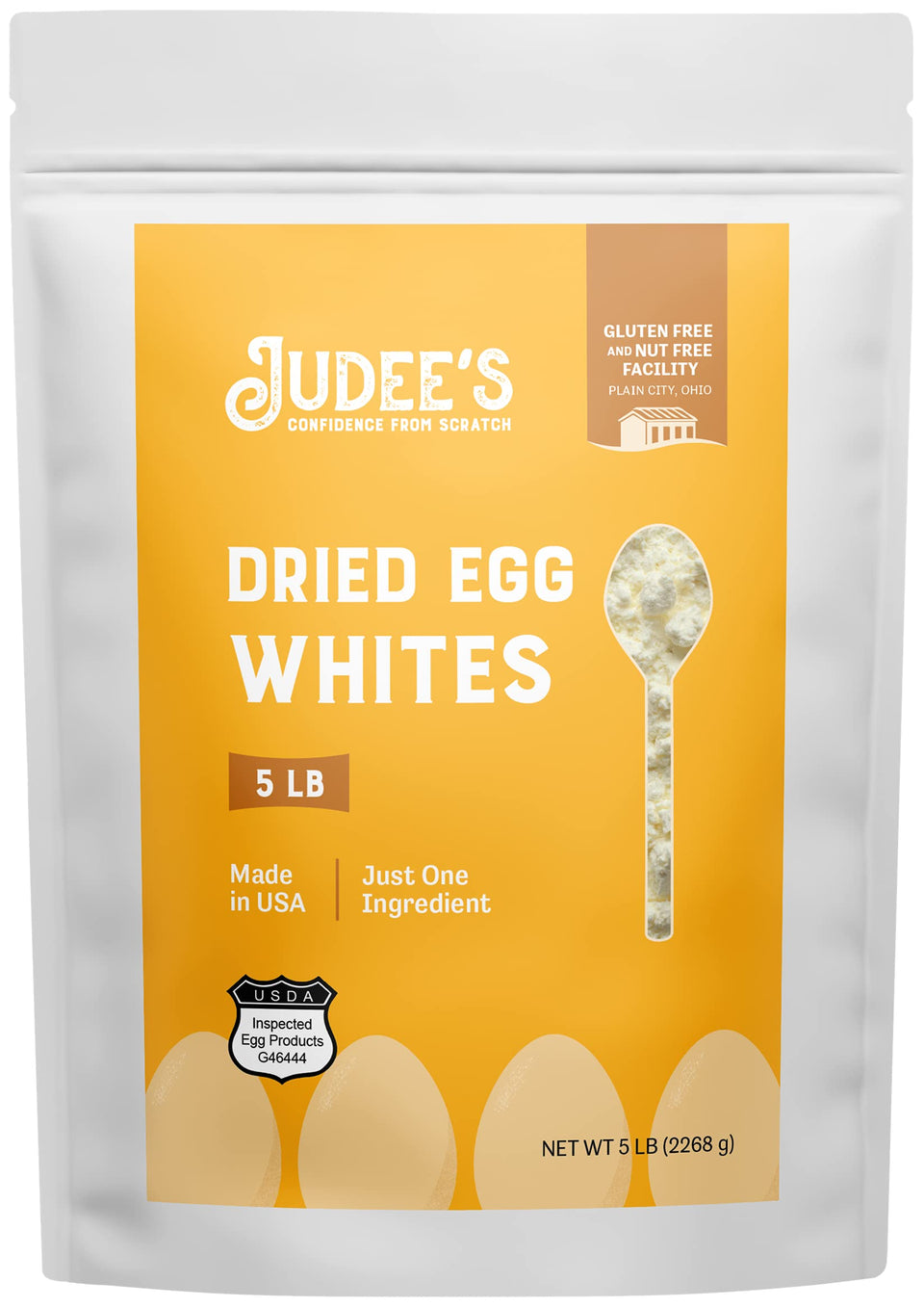 Judee's Gluten Free packaging shows pure egg white protein for quick meal boosts
