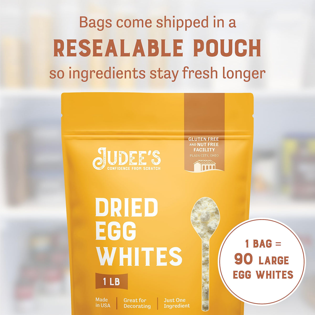 Pouring Judee's gluten free dried egg white powder for precise measurement