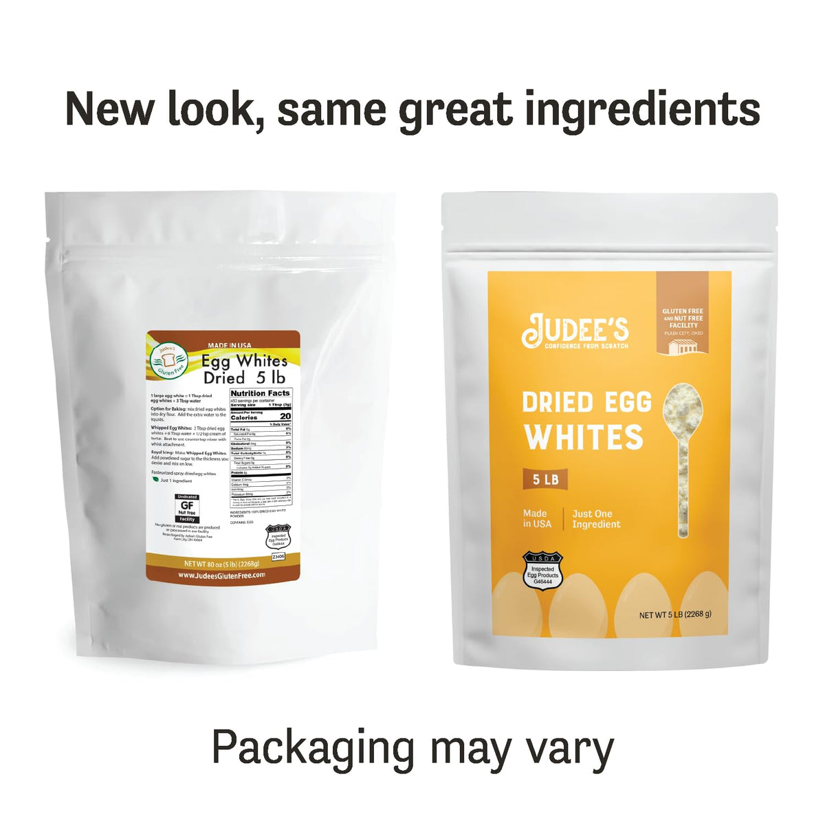 Judee's Gluten Free dried egg white protein powder with scoop in a bowl for recipes