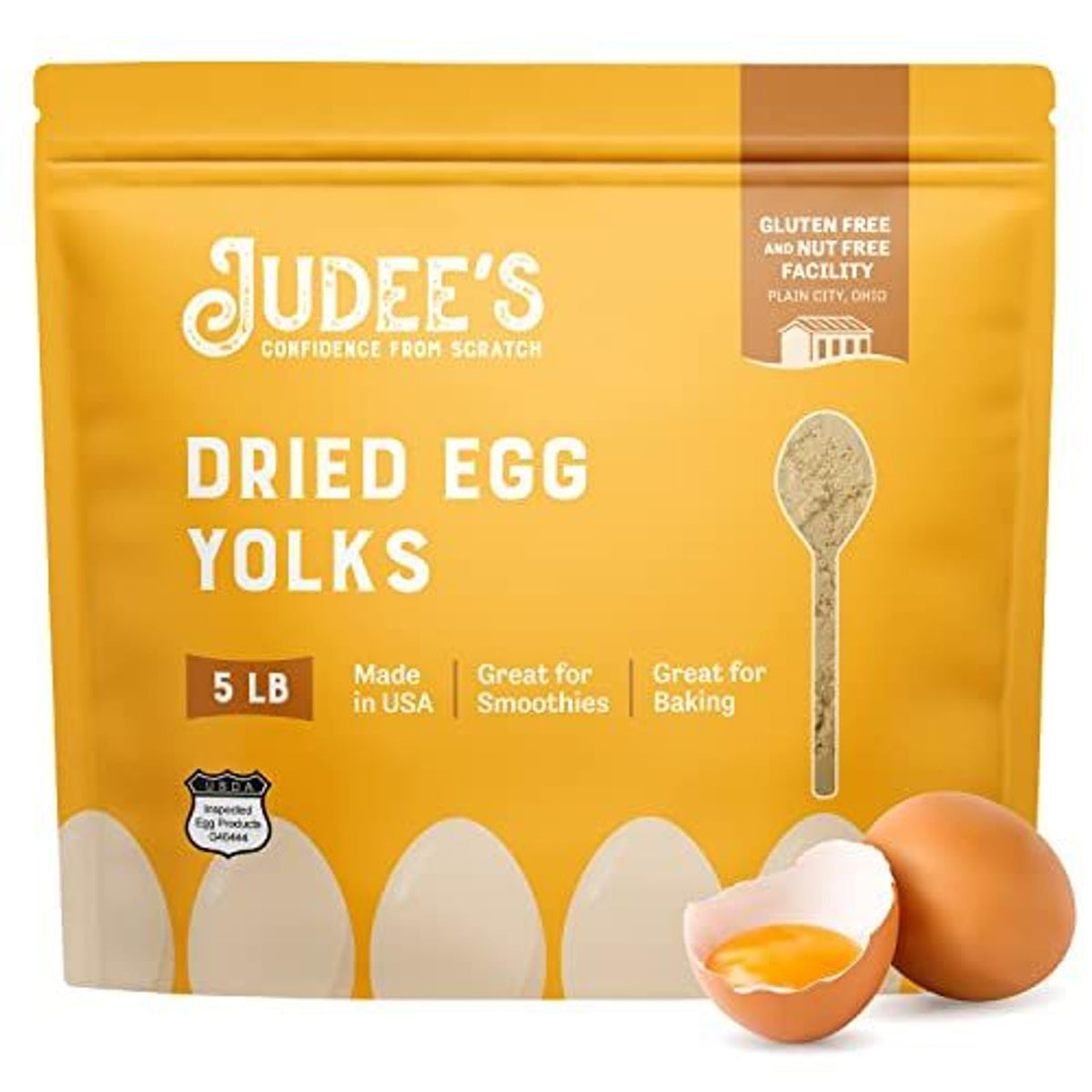 Judee's Gluten Free dried egg yolk powder in a 5 lb pouch for gluten-free baking.