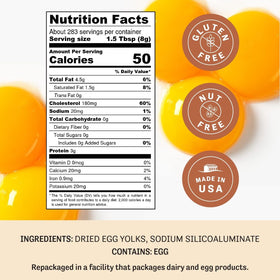 Judee's gluten free dried egg yolk powder bulk bag with scoop for quick batter prep.