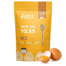 Judee's Gluten Free dried egg yolk powder packaging shown with resealable pouch for freshness