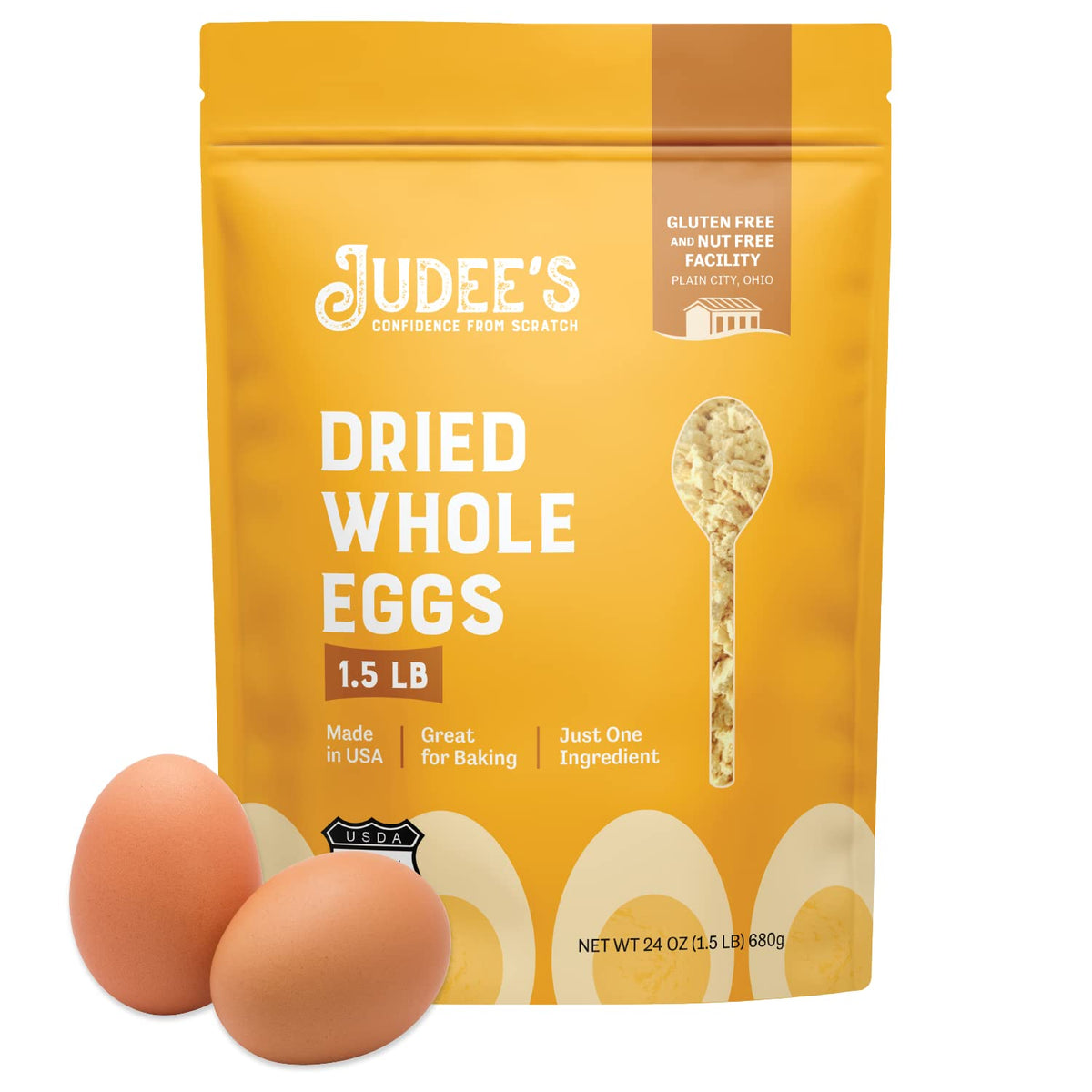 Judee's gluten-free dried whole egg powder in a bottle for quick baking