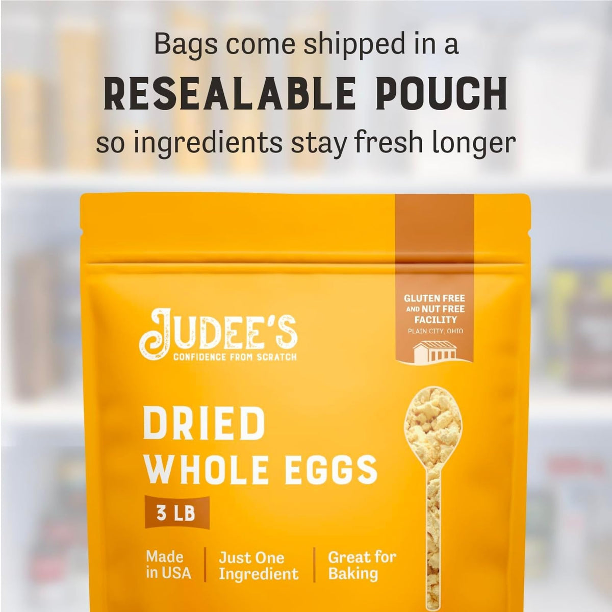 Judee's Gluten Free Dried Whole Egg Powder poured into a bowl for quick breakfast.