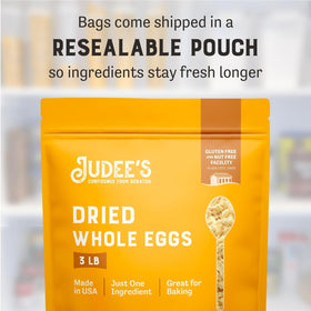 Judee's Gluten Free Dried Whole Egg Powder poured into a bowl for quick breakfast.
