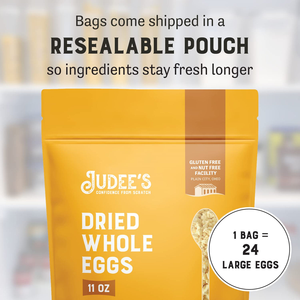 Judee's Gluten Free Dried Whole Egg Powder being reconstituted for fluffy omelets.