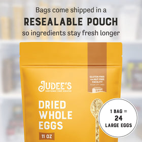 Judee's Gluten Free Dried Whole Egg Powder being reconstituted for fluffy omelets.