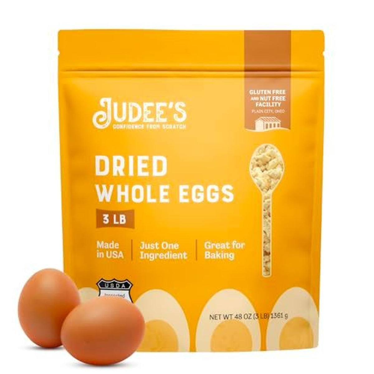 Judee's Gluten Free Dried Whole Egg Powder packaging emphasizes long-term storage and freshness.
