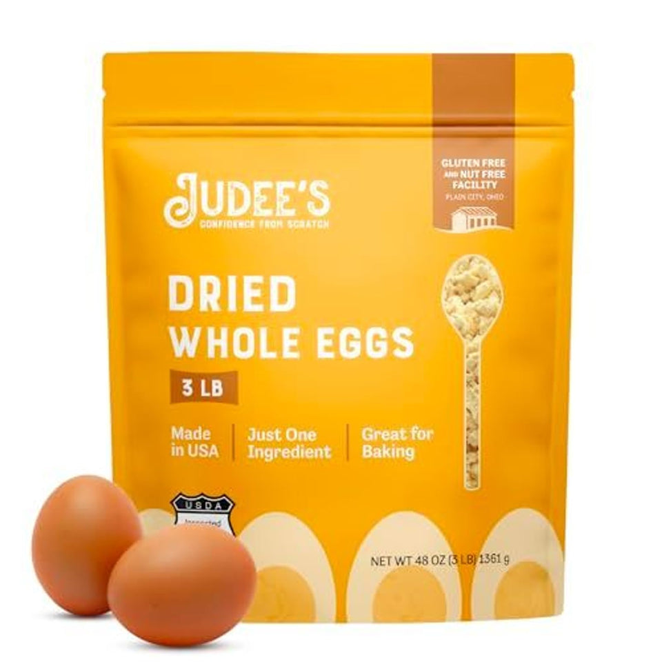 Judee's Gluten Free Dried Whole Egg Powder packaging emphasizes long-term storage and freshness.