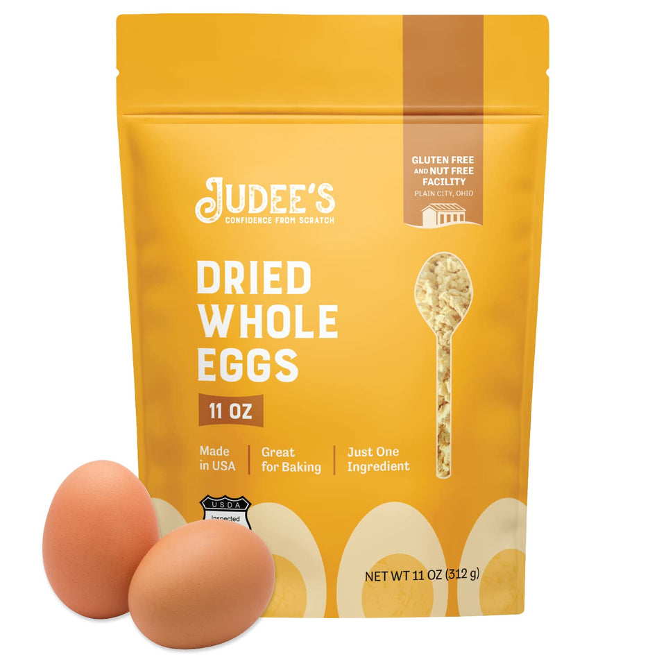 Judee's Gluten Free Dried Whole Egg Powder in a standup pouch ready for long-term storage.