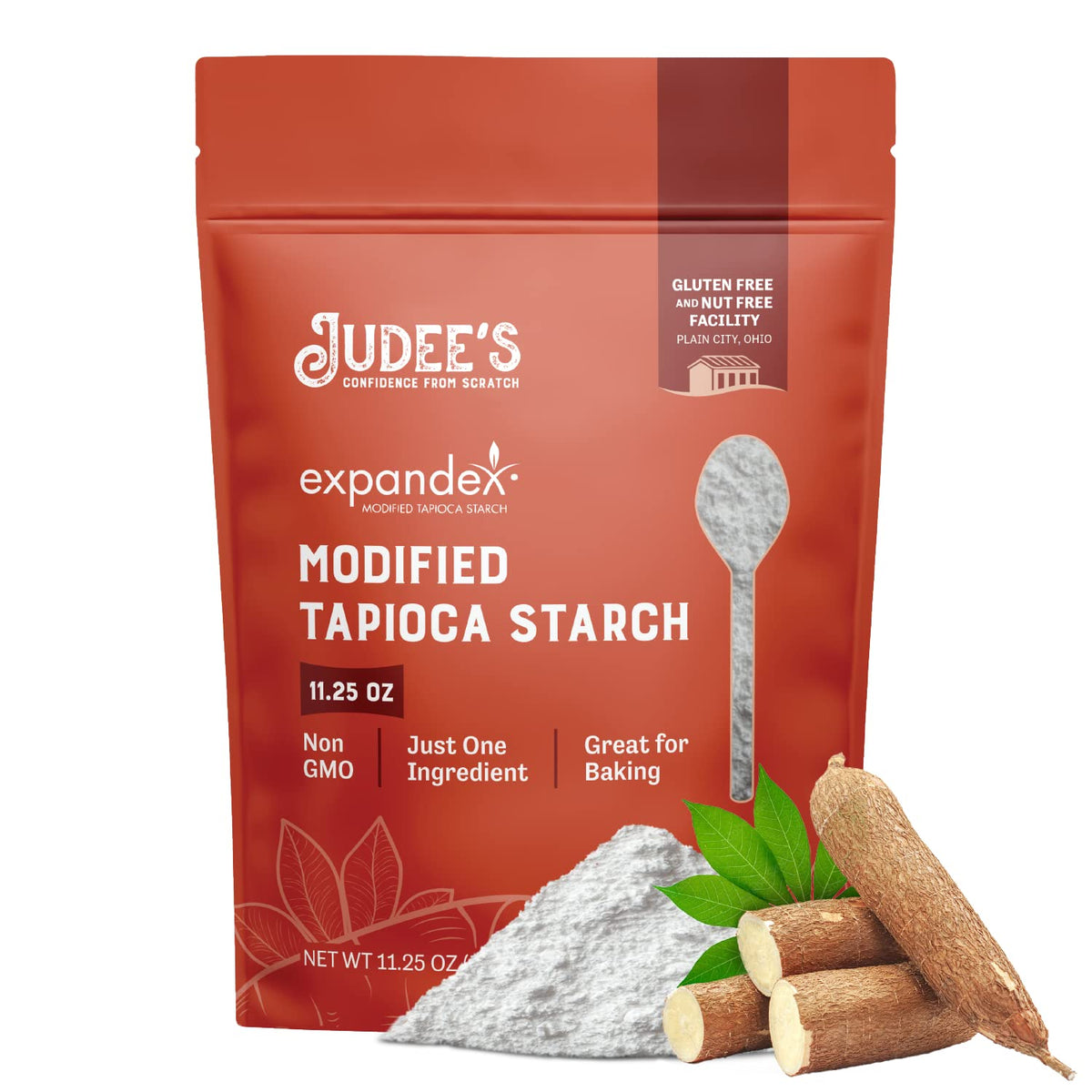 Judee's Expandex powder in resealable pouch enhances gluten-free baking texture