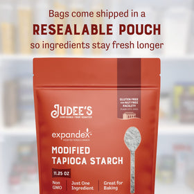 Close-up of Judee's Expandex tapioca starch powder texture for smooth batters