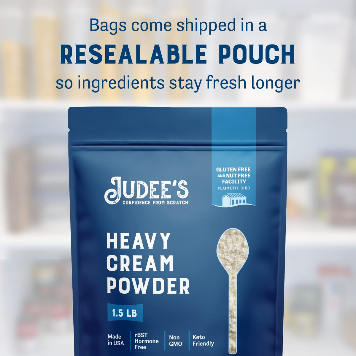 Close-up of Judee's Heavy Cream Powder showing smooth texture for baking and sauces