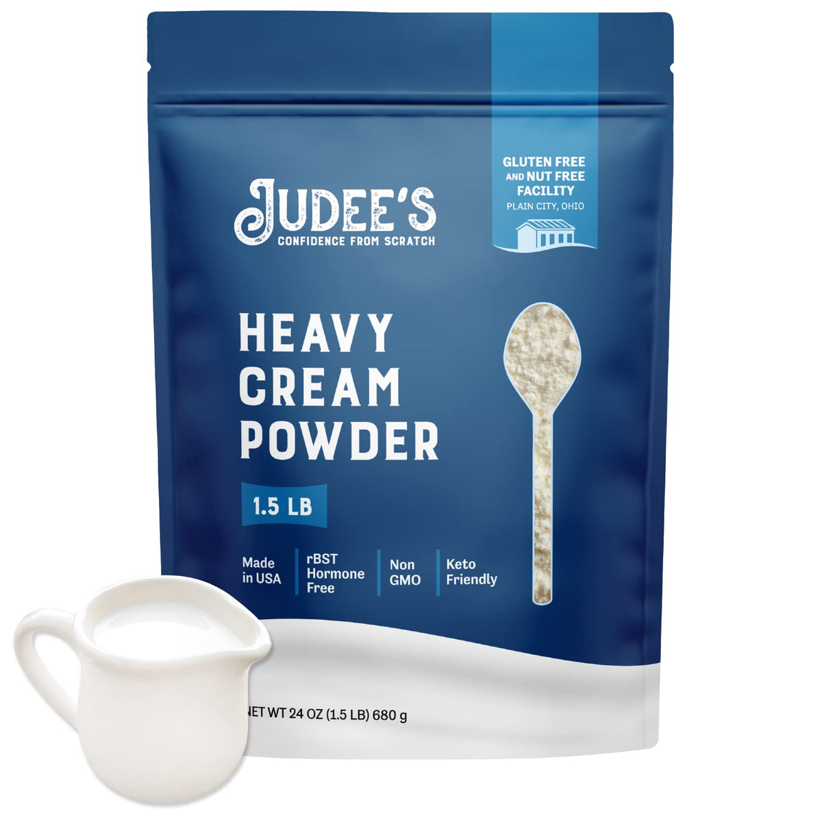 Judee's Gluten Free Heavy Cream Powder packaging in a resealable pouch for long-lasting freshness