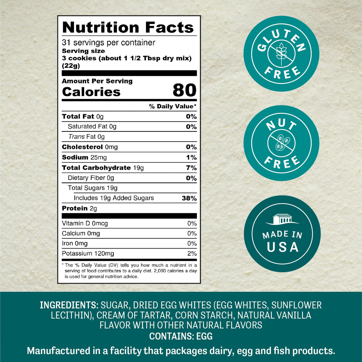 Judee's meringue powder ingredient closeup highlights powdery texture ideal for royal icing.