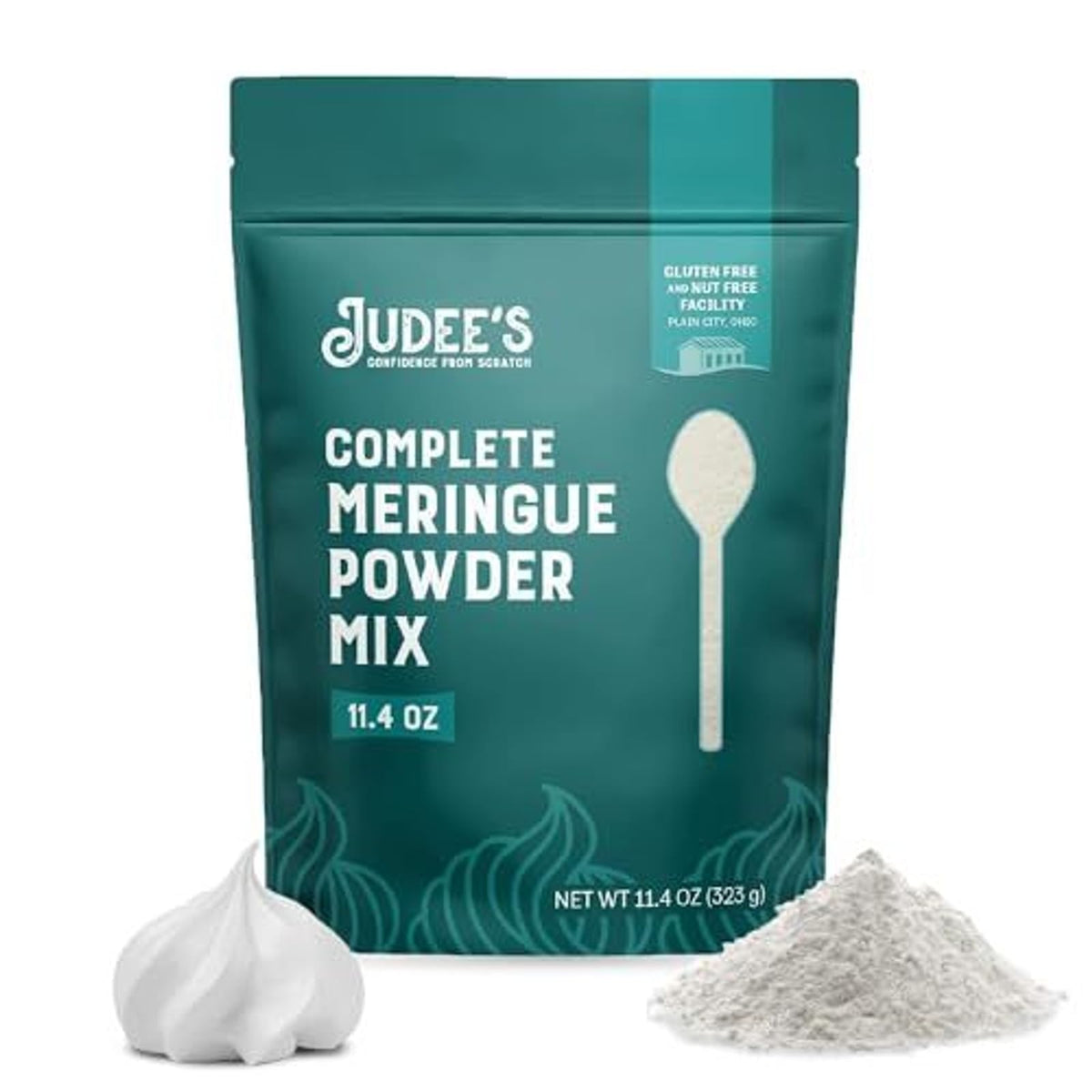 Judee's Gluten Free meringue powder packaging shown, a gluten-free baking essential.